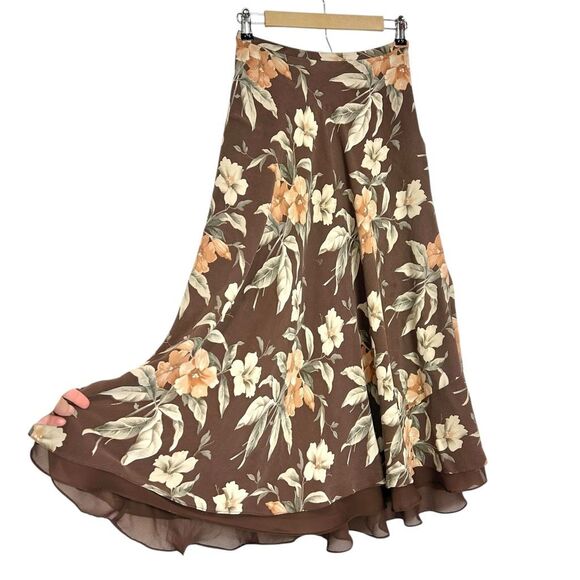 Vintage Dresses & Skirts - Vintage Silk Maxi A-Line Skirt Womens Sz 8 Brown cream Floral Lined Midi Flowy